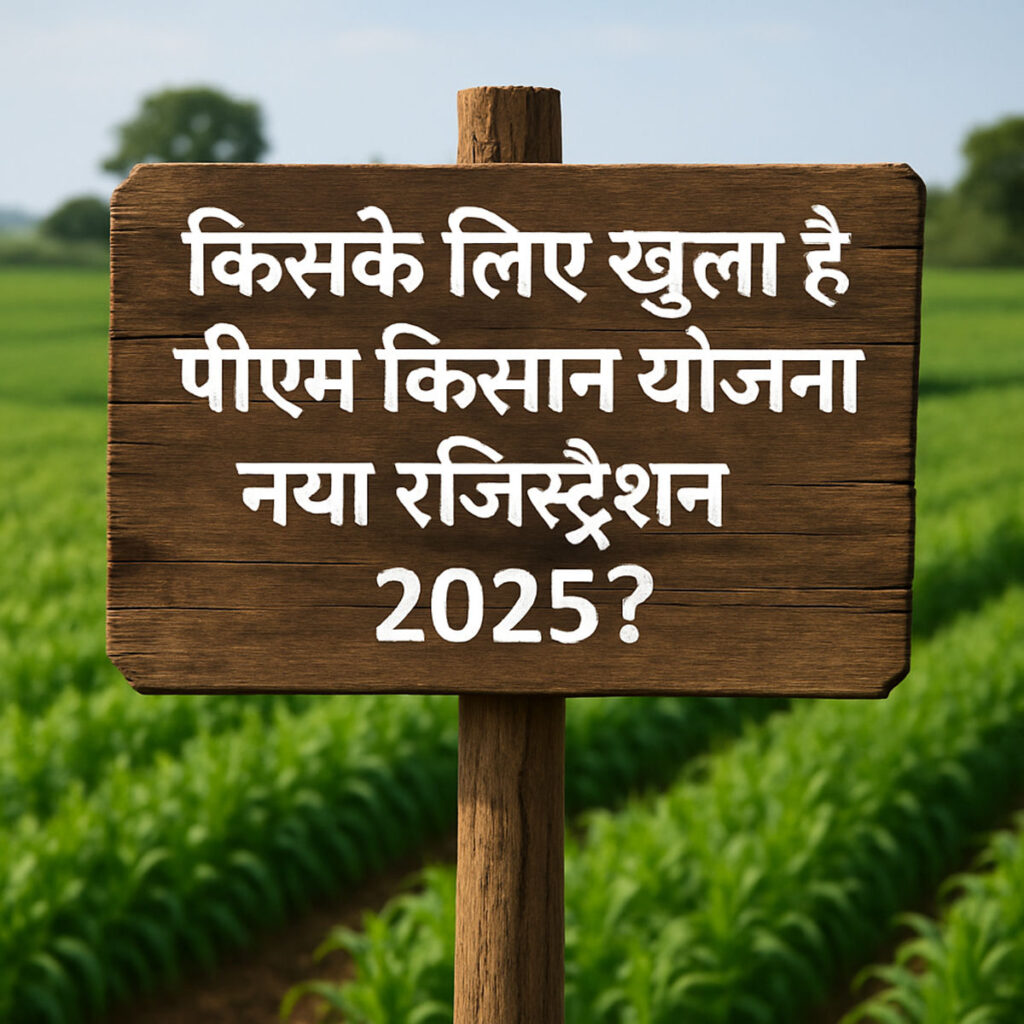 Wooden signboard displaying Hindi headline about eligibility for PM Kisan Yojana new registration 2025 with green agricultural fields in background