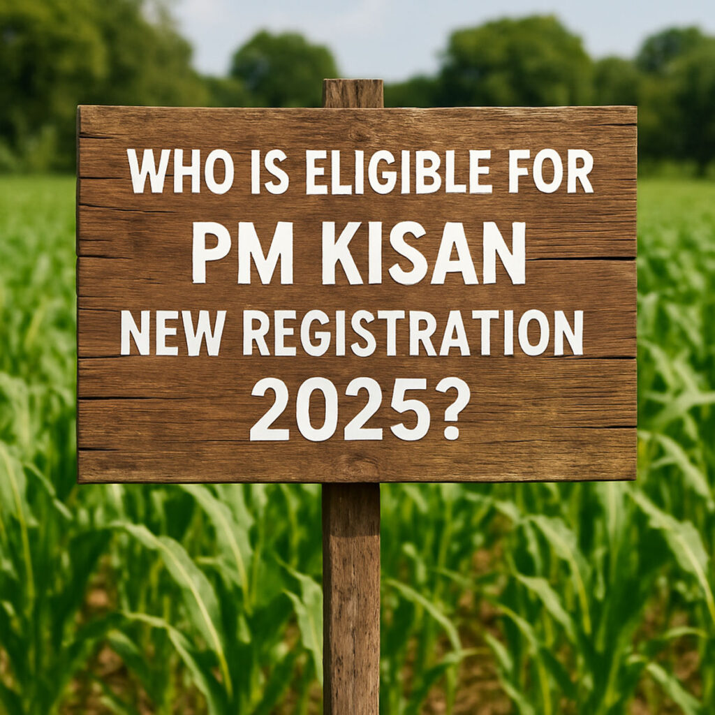 Wooden signboard displaying the English headline about eligibility for PM Kisan New Registration 2025 with green agricultural fields in the background