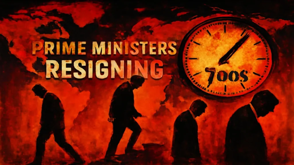 Three prime ministers resigning within seven days, depicted with clocks and a world map background symbolizing global political turmoil